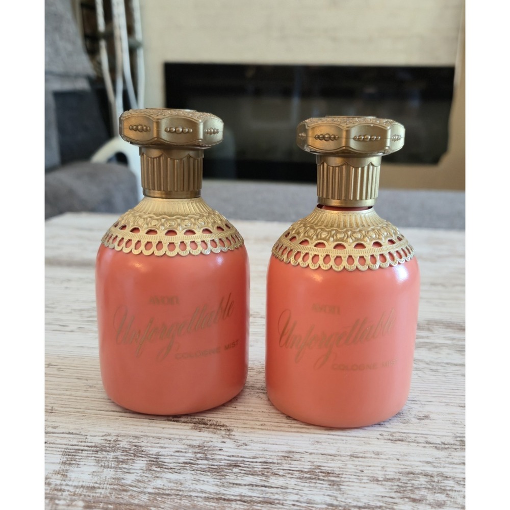 Vintage Avon Unforgettable Cologne Mist Coral Bottles Set of 2 Gold Filigree
